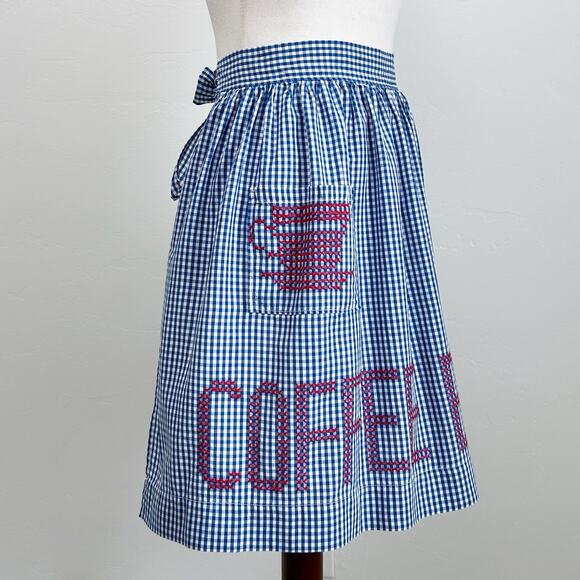 Vintage Handmade Cross Stitch Coffee Gingham Apron - Picture 1 of 7